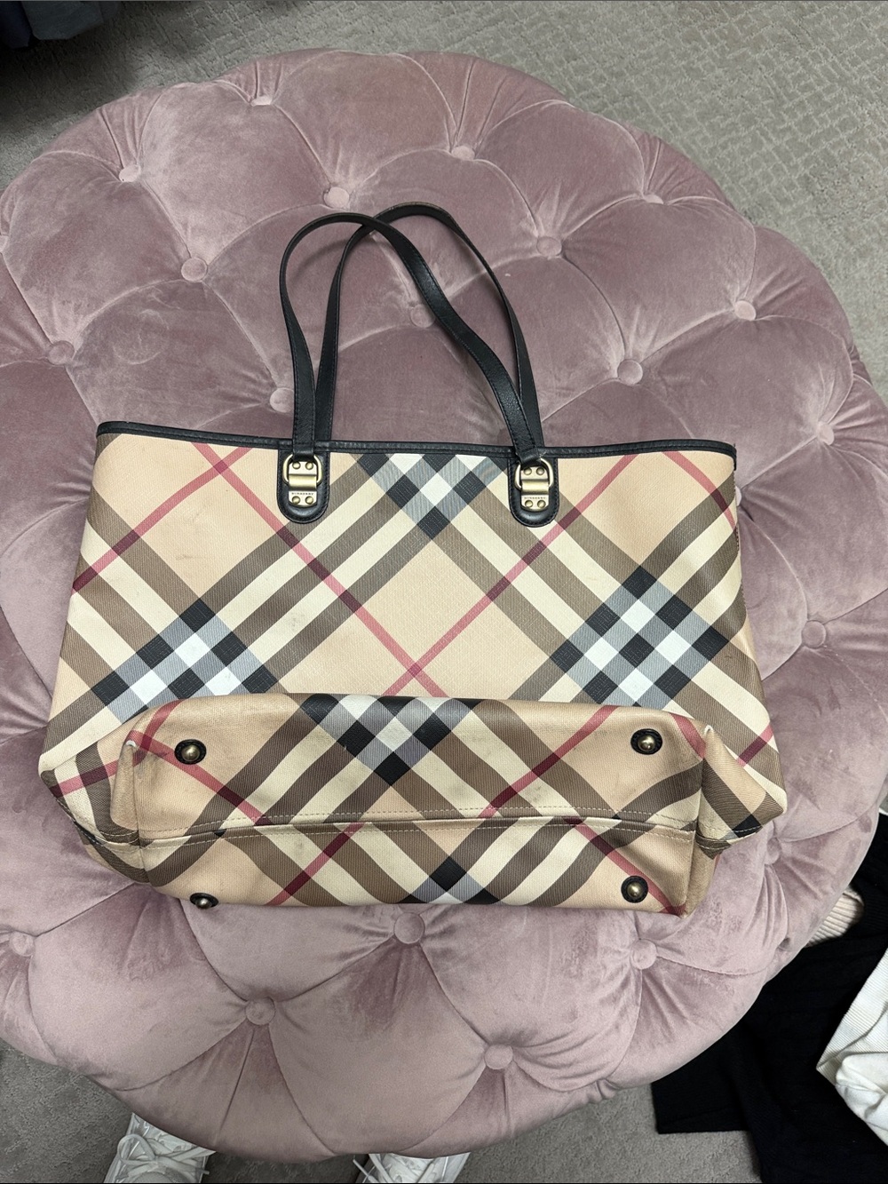 Burberry Beige Check Canvas Tote with Black Trim